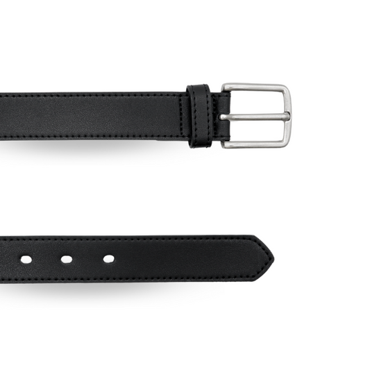 GLENDALE - Women's Black Genuine Leather Skinny Belt with Brushed Silver Buckle