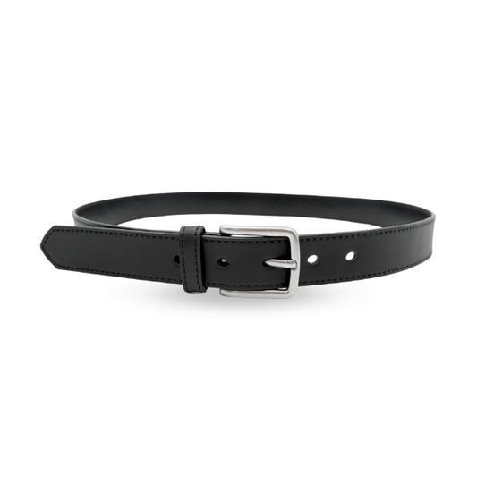 GLENDALE - Women's Black Genuine Leather Skinny Belt with Brushed Silver Buckle