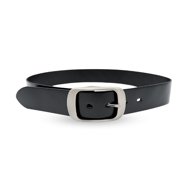 ROBIN FALLS - Women's Black Genuine Leather Belt with Oval Silver Buckle