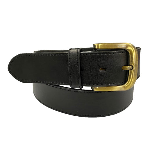 DUBBO - Mens Black Genuine Leather Belt with Antique Brushed Gold Buckle