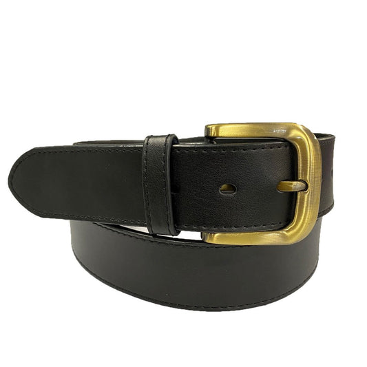 DUBBO - Mens Black Genuine Leather Belt with Antique Brushed Gold Buckle