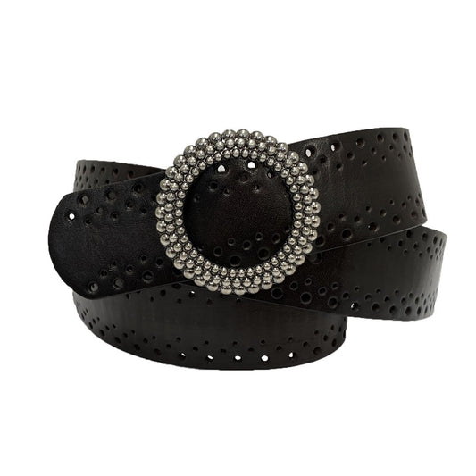 IRIS - Women's Black Genuine Leather Belt with Round Silver buckle