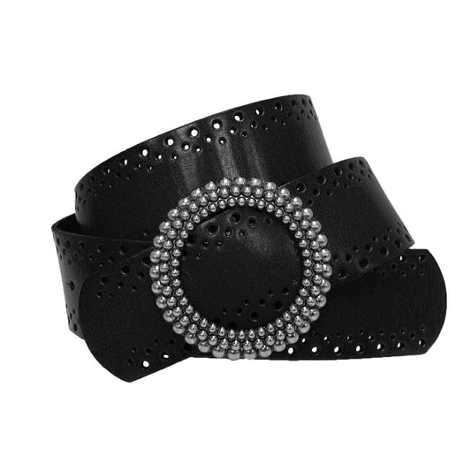 LILYDALE - Women's Black Genuine Leather Belt with Round Silver buckle