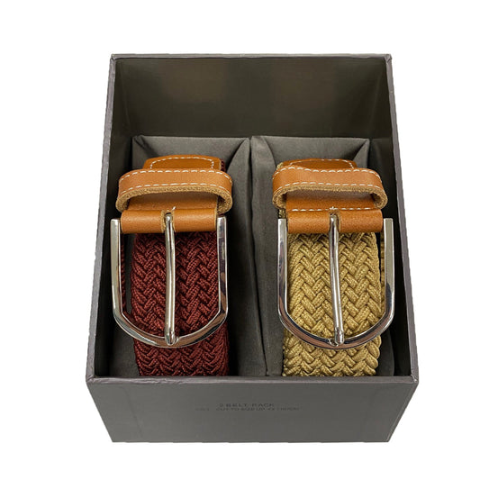 OSCAR - Mens Beige and Burgundy Woven Cotton Elastic Belt Gift Pack freeshipping - BeltNBags