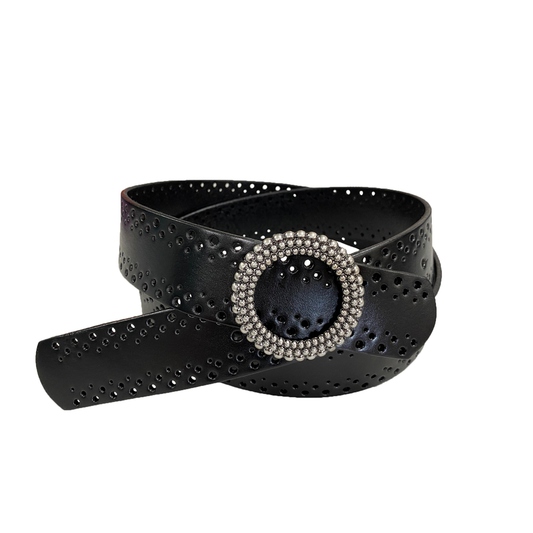 IRIS - Women's Black Genuine Leather Belt with Round Silver buckle