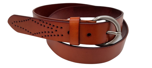 ESPERANCE - Women's Tan Genuine Leather Belt with Round Silver Buckle